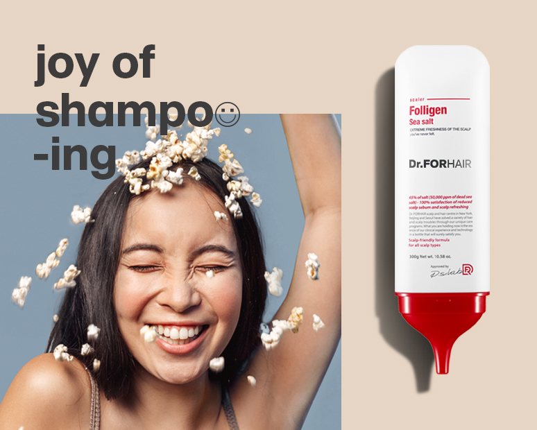DR.FORHAIR brand identity renewal : joy of shampoo-ing with a smiling girl with popcorns and product image on the right side